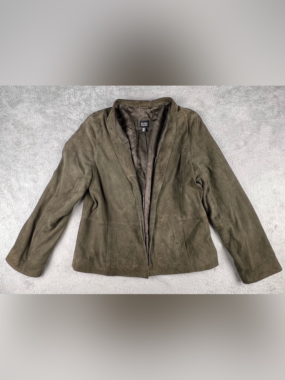 Eileen Fisher Italian Goat Suede Blazer Jacket Womens Medium Green Open Front